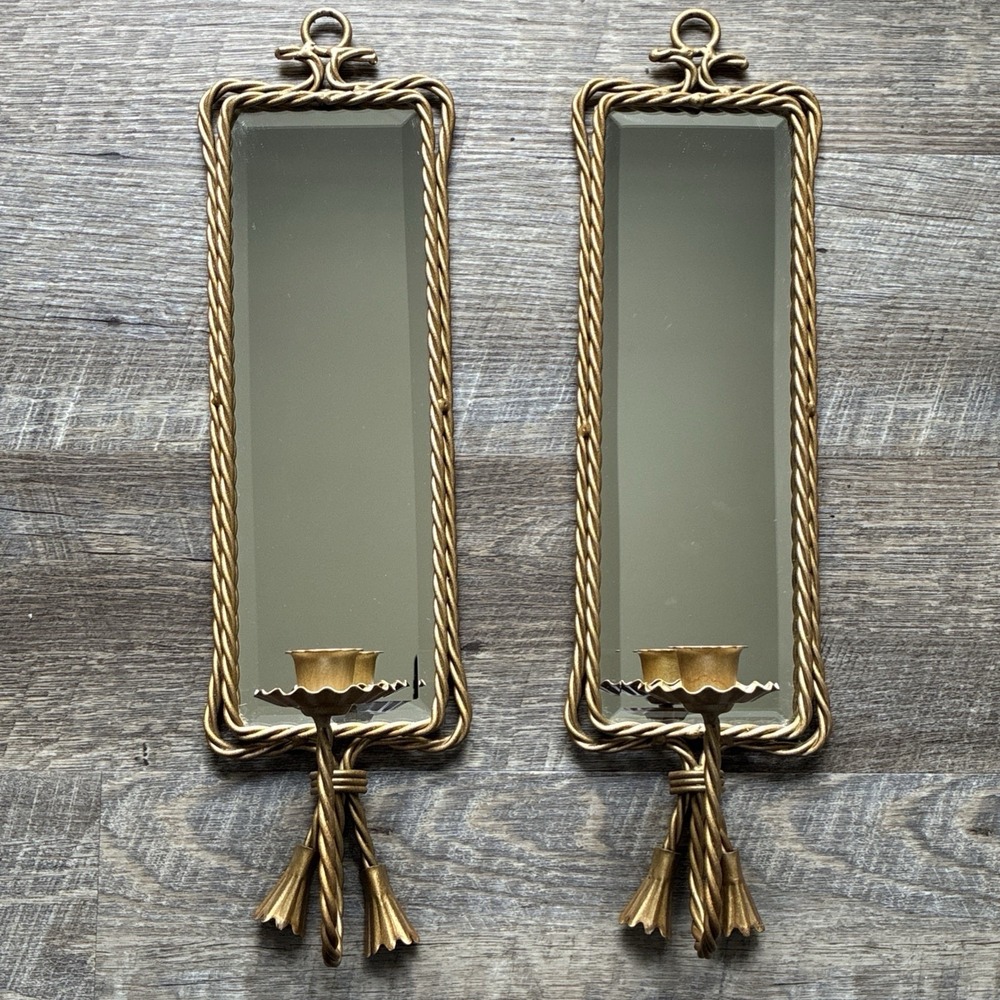 Vintage MCM Hollywood Regency Gold Tone Mirror Wall Sconce Candle Holders Pair